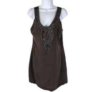 RARE Jenny Han Anthropologie 100% Silk Dark Grey Beaded Dress Women's Small